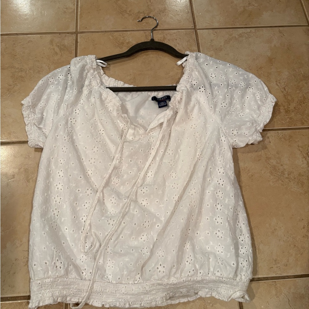 Chaps White Eyelet Short Sleeve Blouse